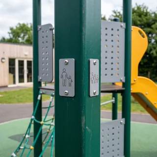 Manufacturer label and age-range label on a structure post