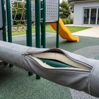 Removable zip pipe cover on a soft play frame