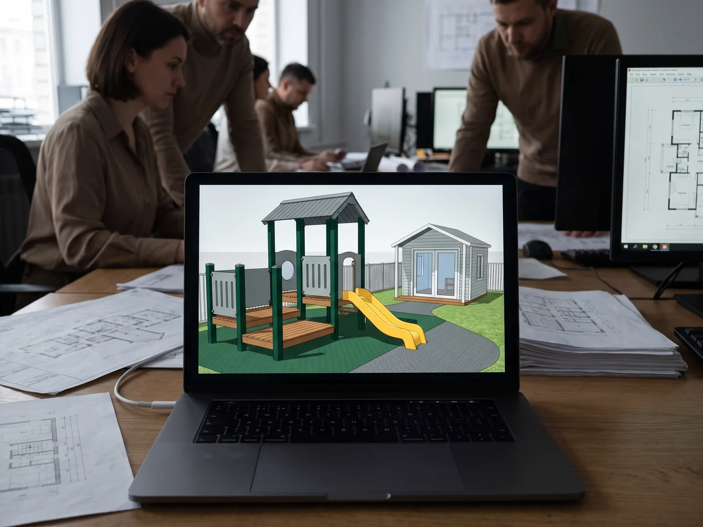 A laptop showing the first 3D layout of a new play area