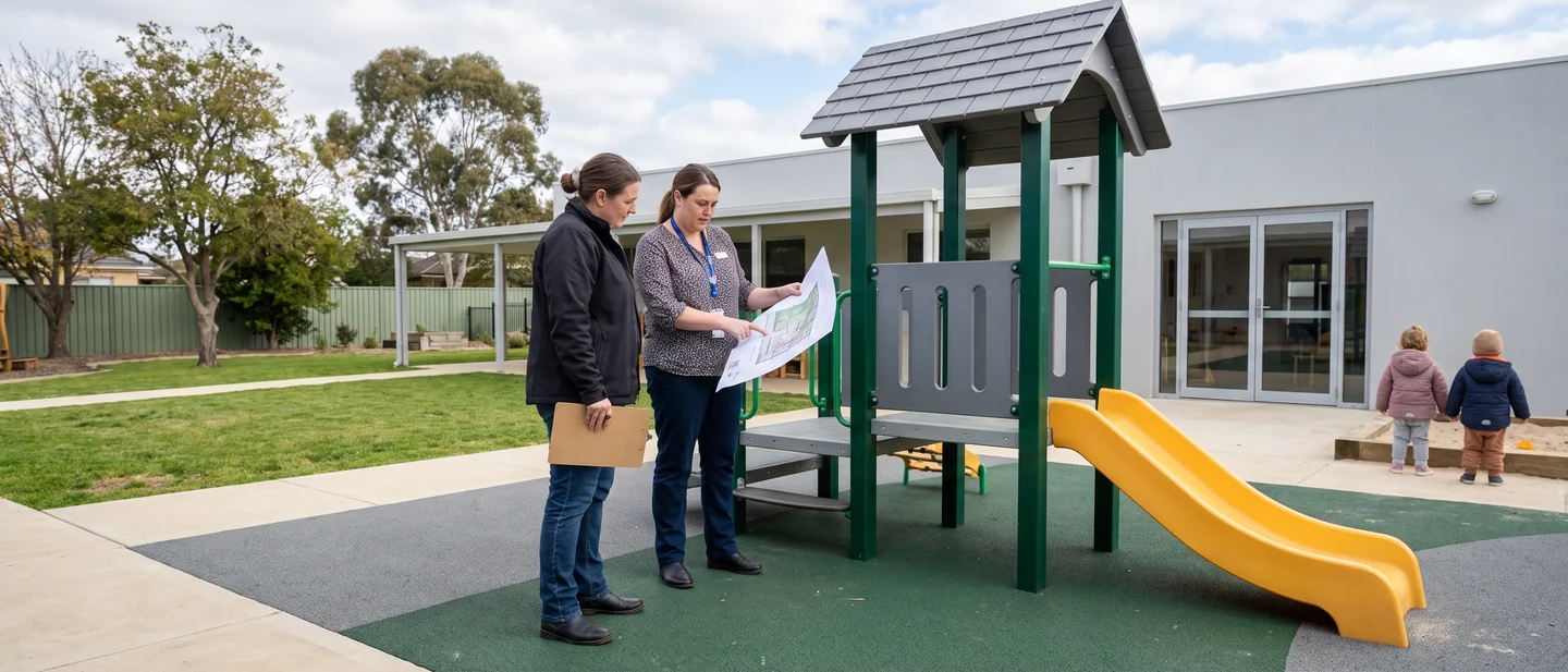 A licensing inspector and the center director review the plan in the yard
