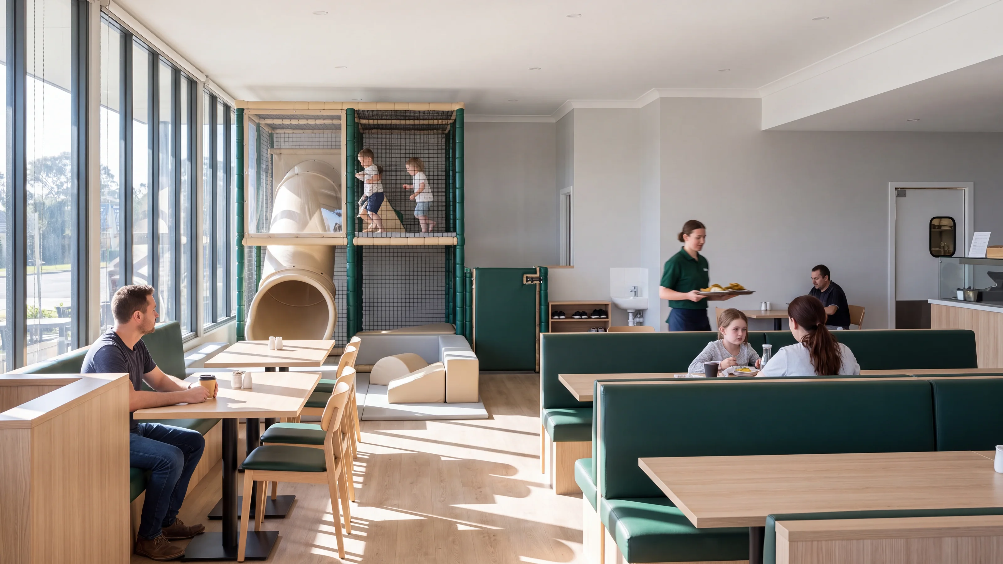Morning daylight across a family restaurant dining room: a compact two-level soft play area in the back corner with clear window panels facing the tables, and a parent at a table looking toward it