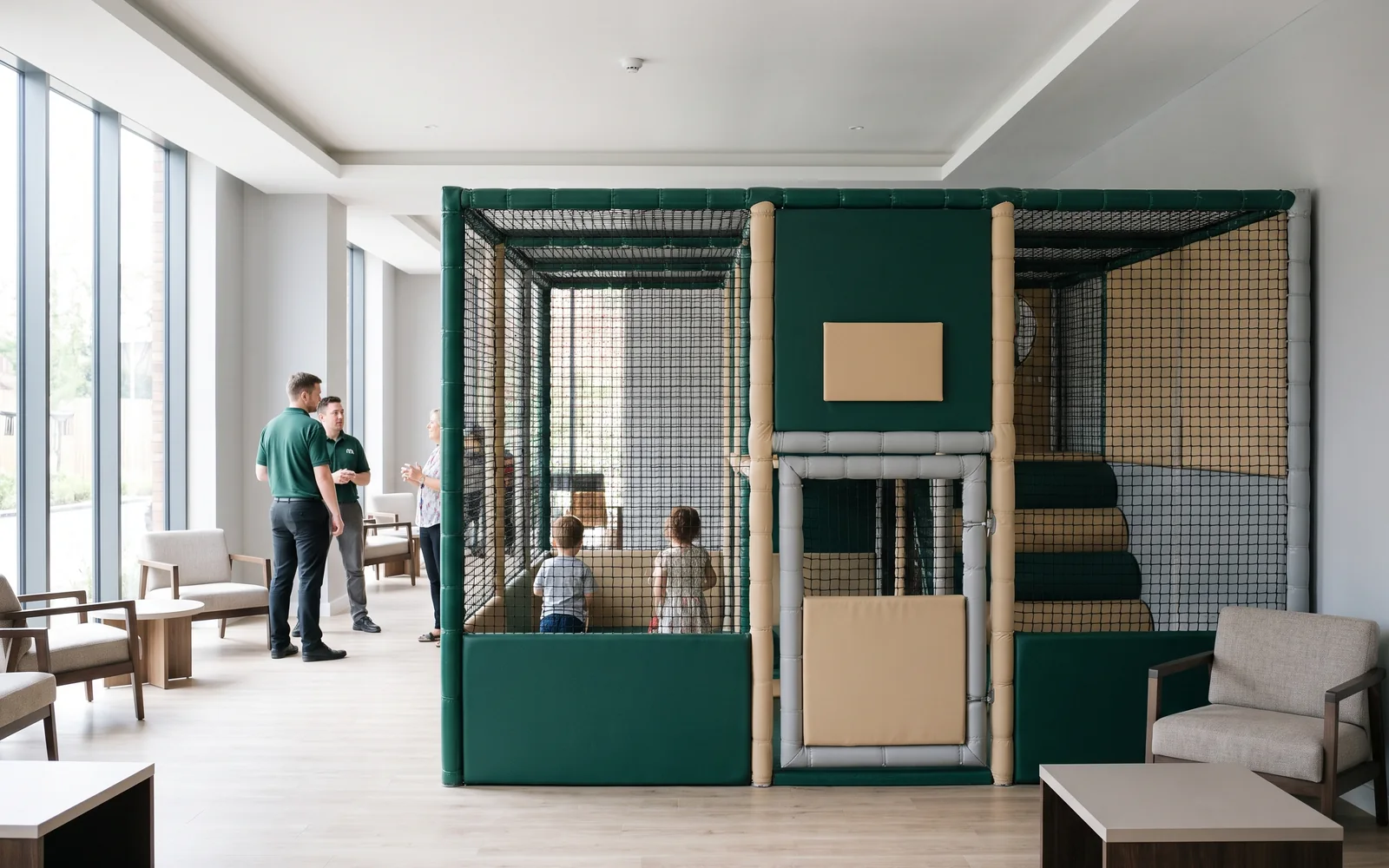Hotel lobby corner play area enclosed by netting and padded panels with one gate