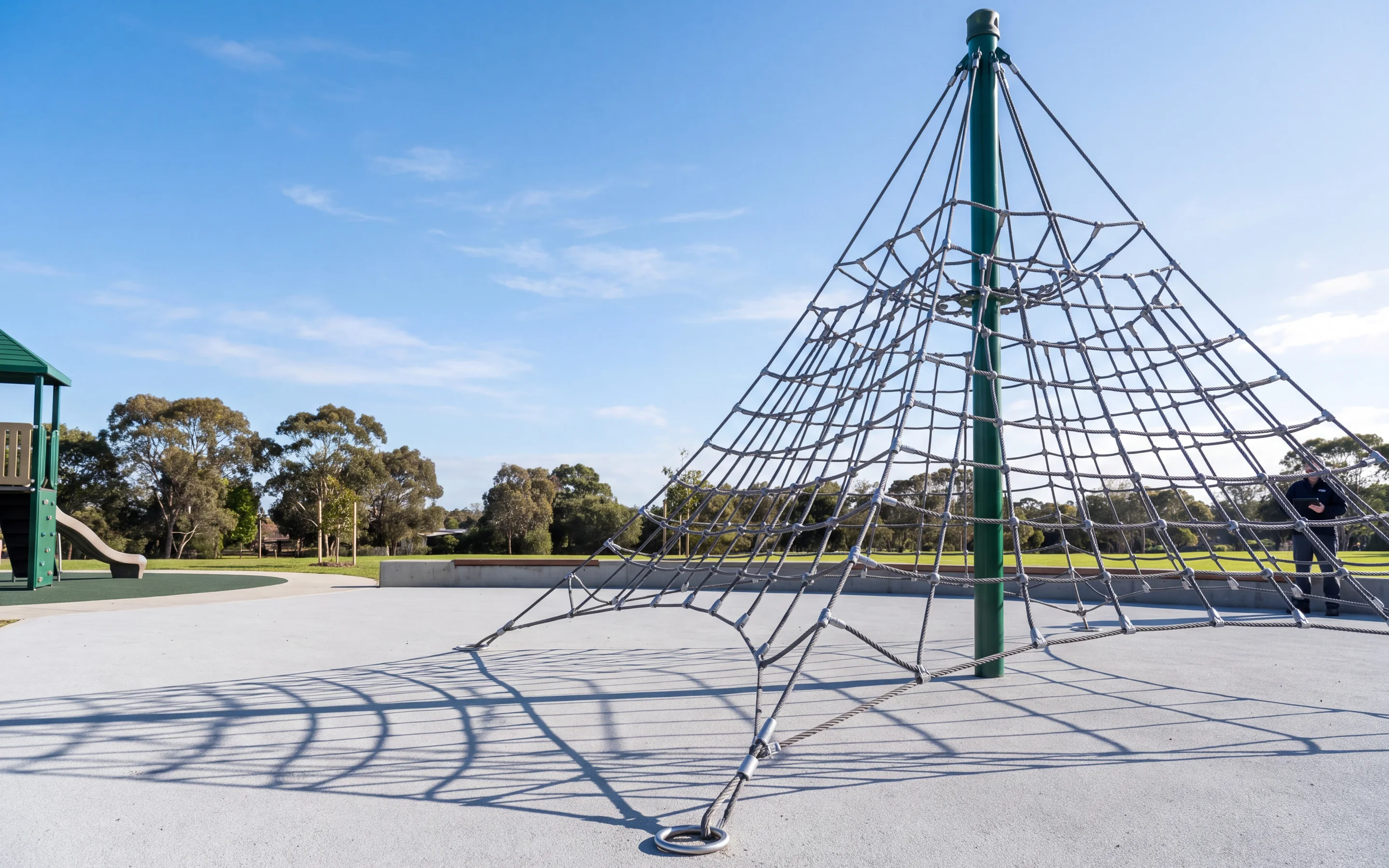 A large pyramid space net on a single evergreen center mast in a morning park, the diamond mesh casting its shadow on light grey poured rubber surfacing