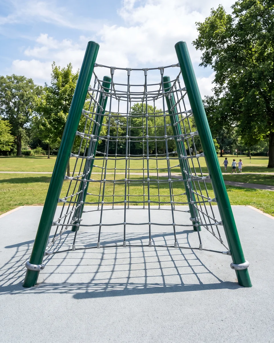 An A-frame climbing net stretched between evergreen galvanized steel posts