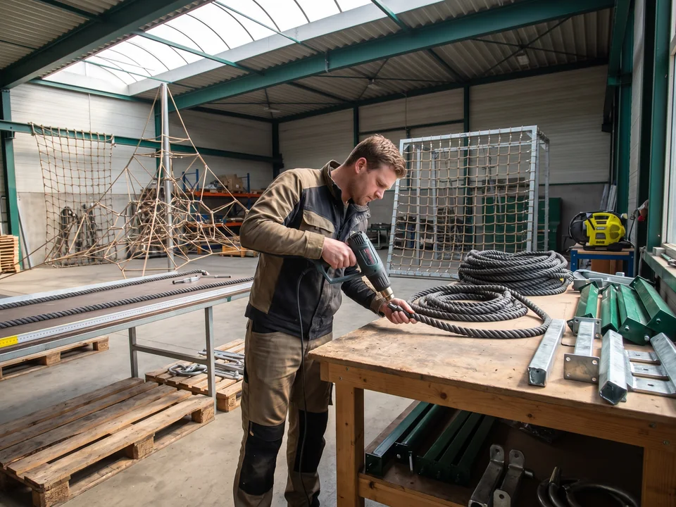 A worker cutting rope to length and heat-sealing the rope end