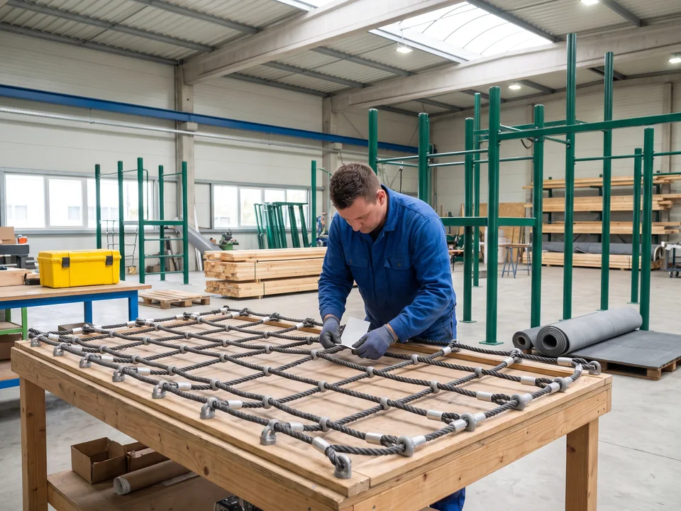 A worker wrapping a number label around one rope section of a finished net