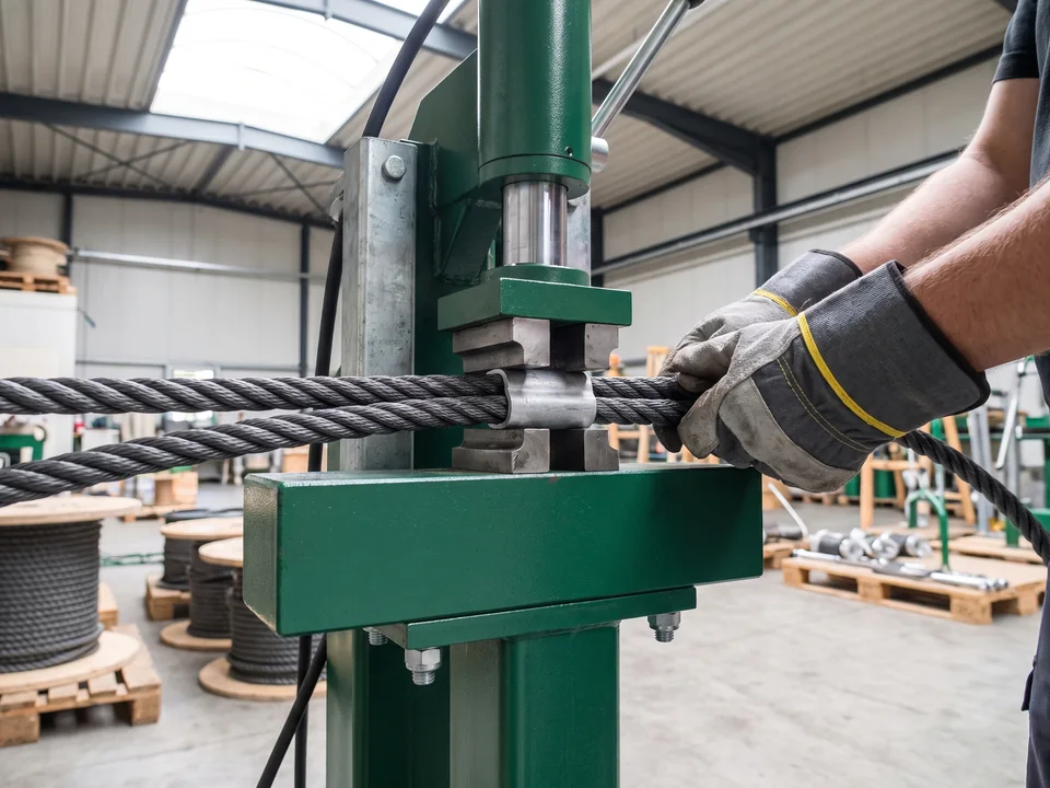A hydraulic press closing an aluminum connector onto two ropes