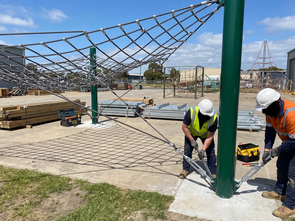 A space net raised and tensioned in the factory pre-assembly yard