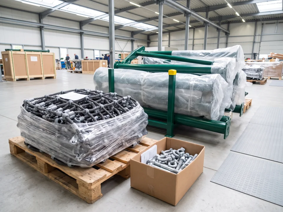 A net packed on a pallet with its mast sections and anchoring hardware