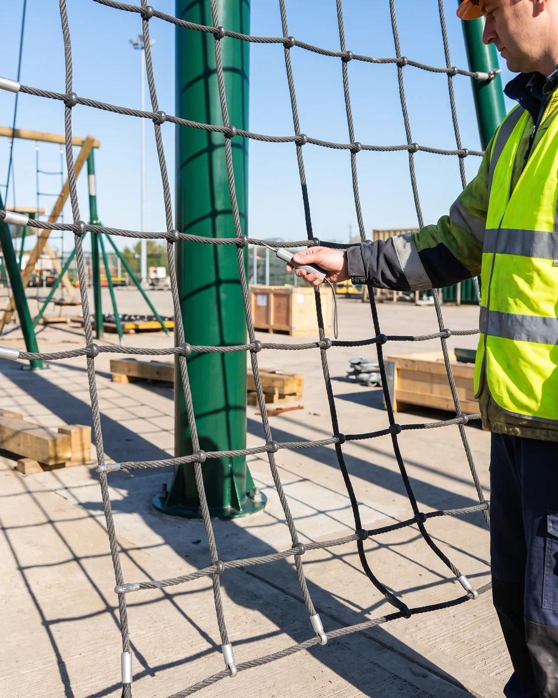 A QC inspector placing an entrapment probe into an opening of a tensioned space net