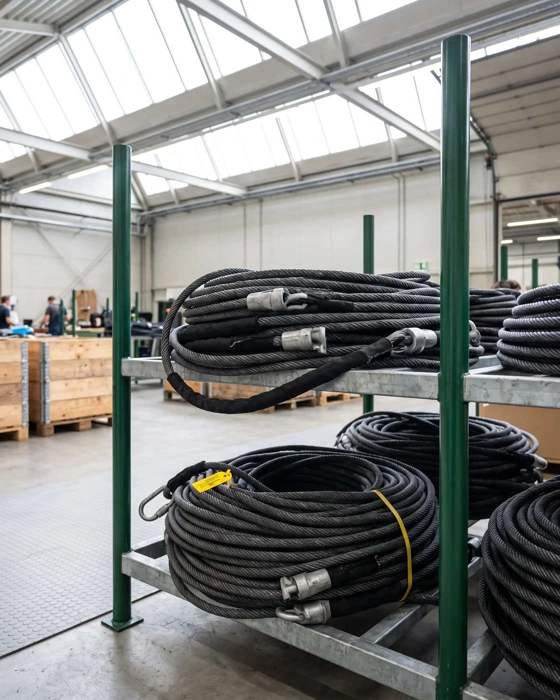 Coils of 16 mm rope in several colors on the rope line rack