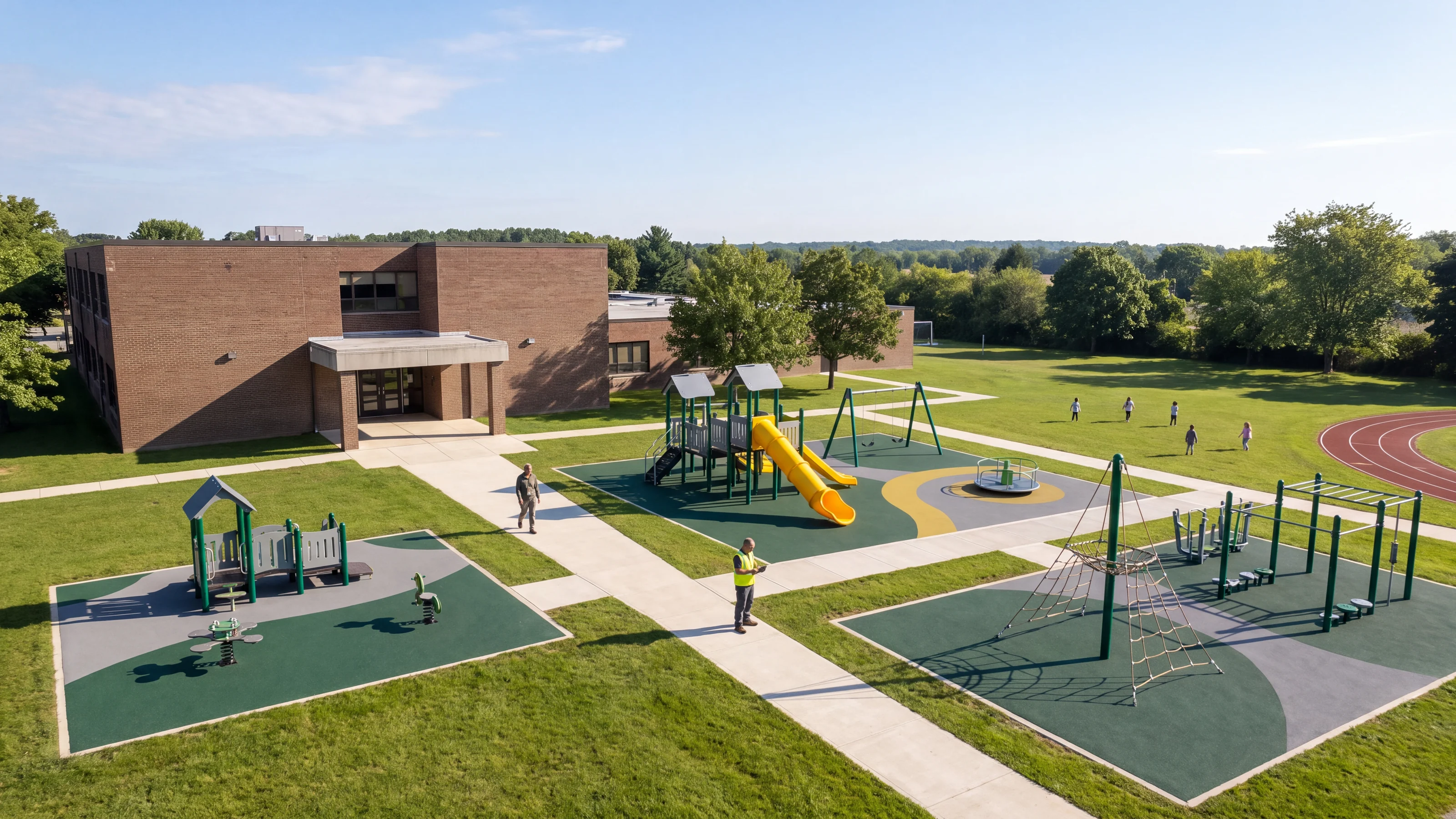 Aerial view of a school campus in morning sun: a two-storey school building and three playground zones for younger, middle and older grades
