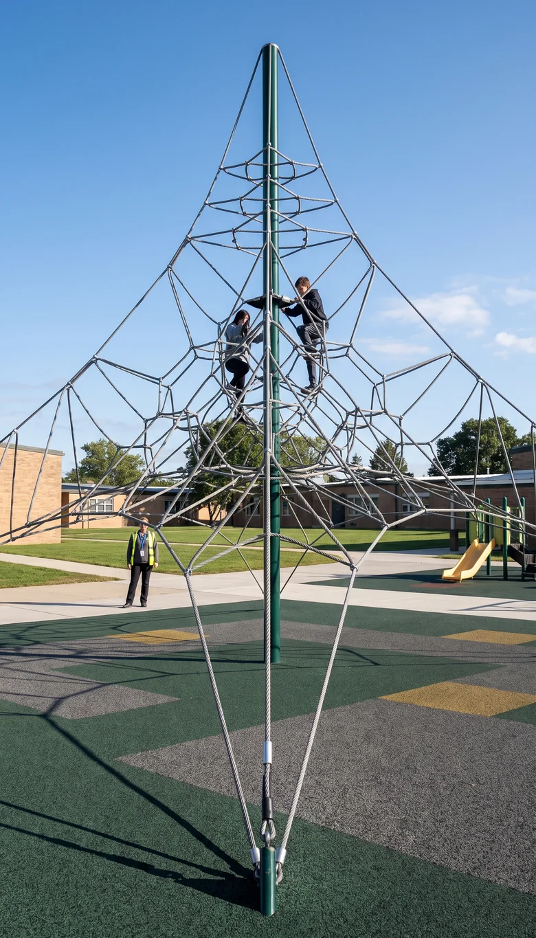 Tall rope climbing net structure for older students