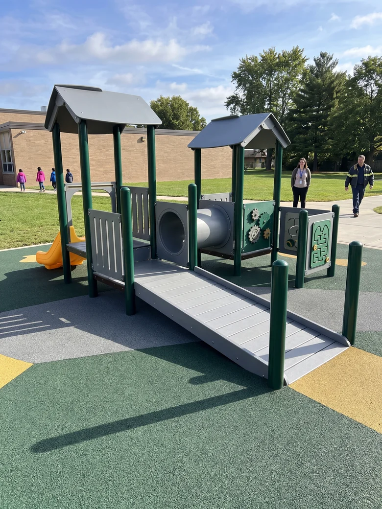 Low 2–5 play structure with a short slide, ramp and ground-level panels