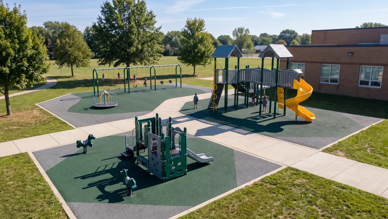 Elementary school playground from above: a 2–5 zone and a 5–12 zone linked by a path