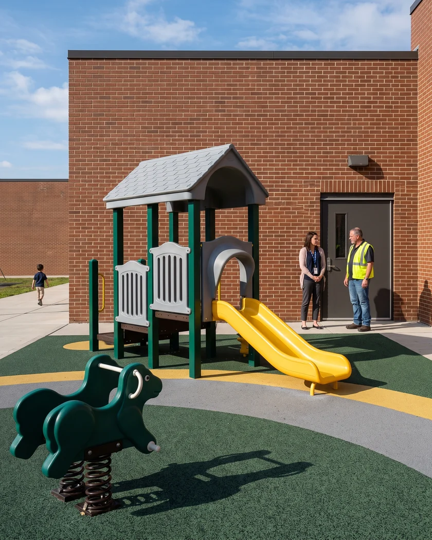 Pre-K zone beside the school door with spring riders and a low structure