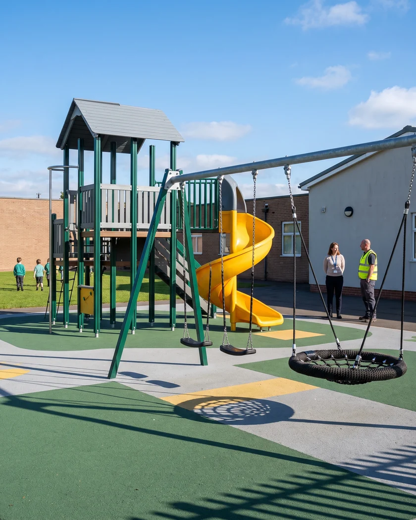 A school grades 1–5 zone with a multi-deck structure and a swing bay