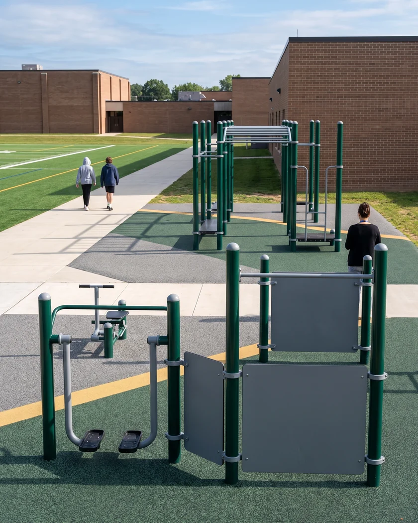 Middle school area with outdoor fitness stations and an obstacle rig