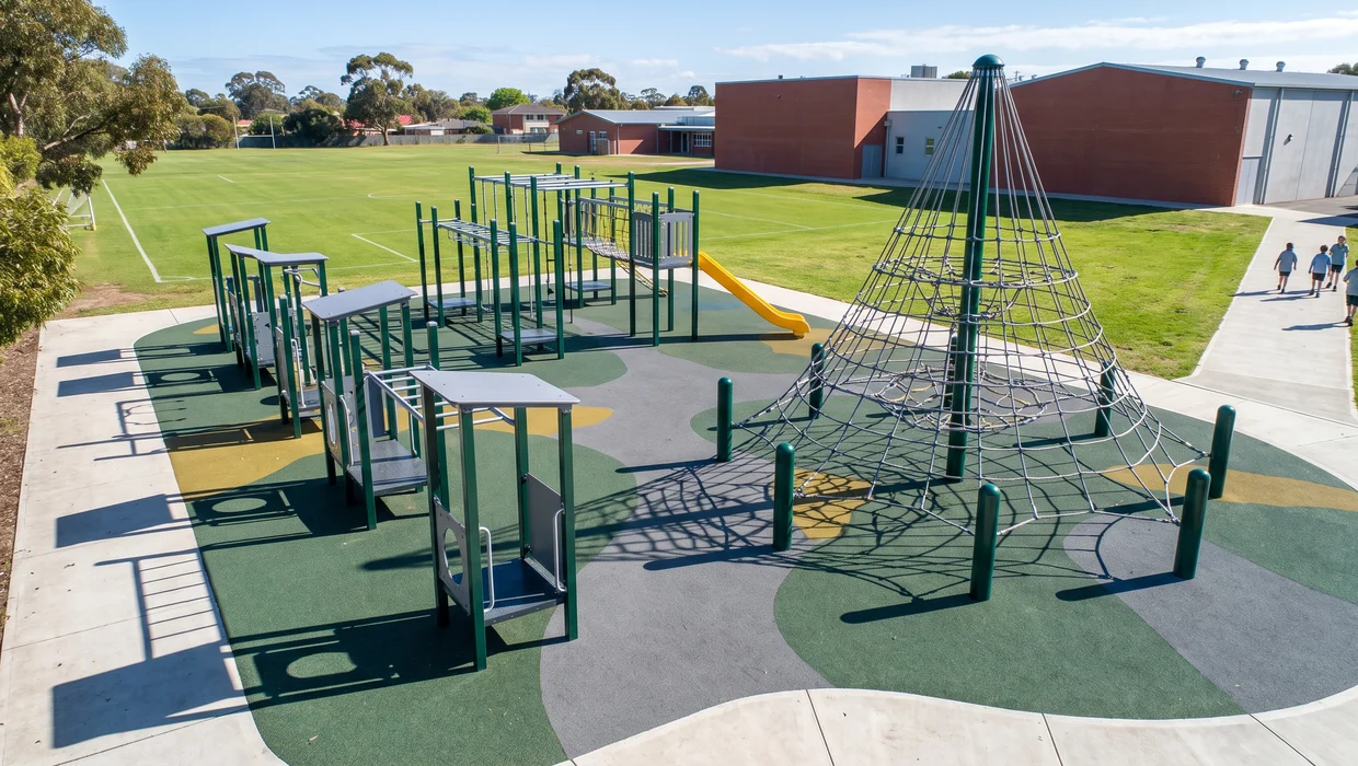 An outdoor play area from above with rope climbing, fitness stations and an obstacle rig