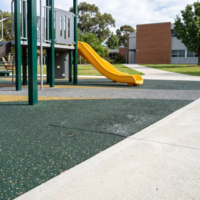 Rubber surfacing flush with the paved path, no step
