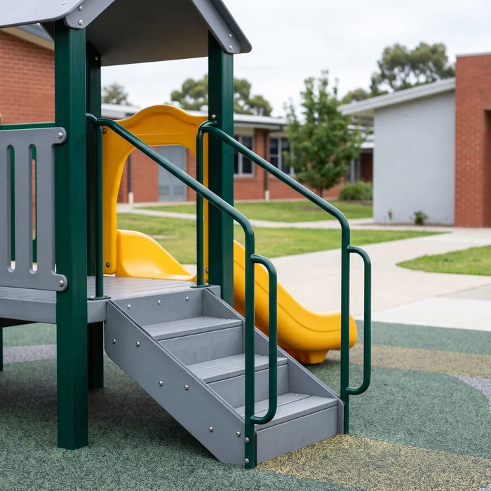 Transfer steps and grab handles on a play structure