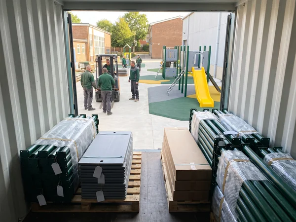 Numbered playground parts loaded into a 40HQ container in installation order