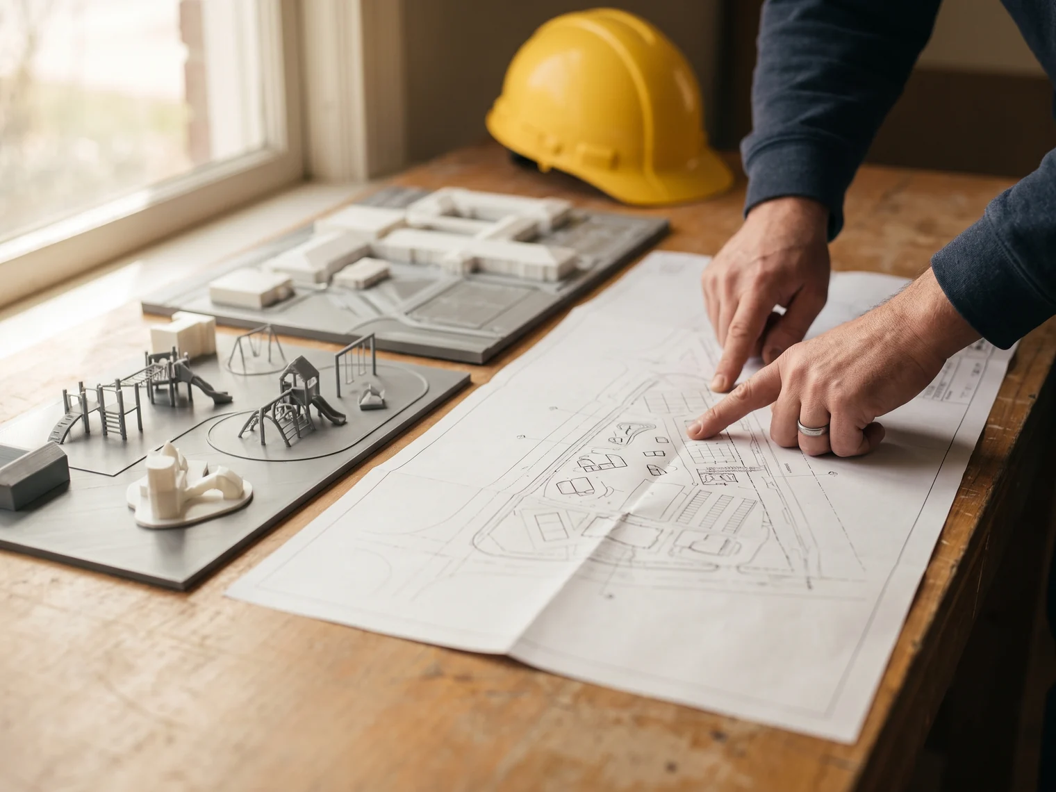 3D renders and a site plan laid out on a meeting table for approval
