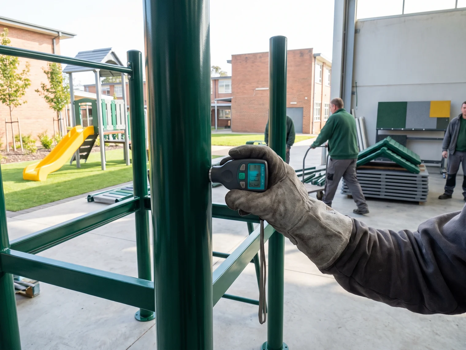 Coating thickness gauge reading on a powder-coated post