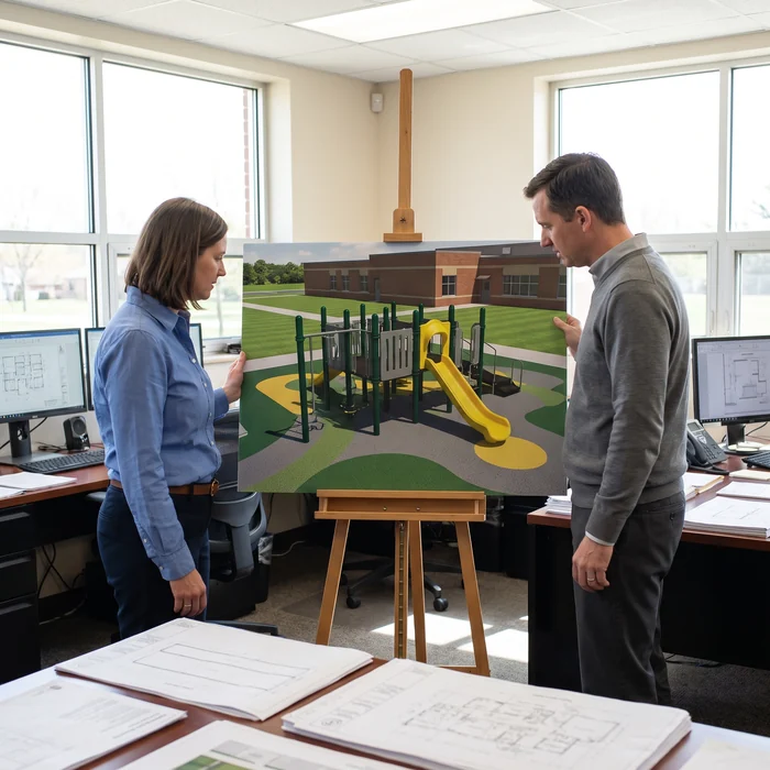 3D render of the planned playground on a display board at a school event
