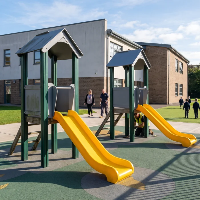Two identical yellow slides on two play structures built in different phases