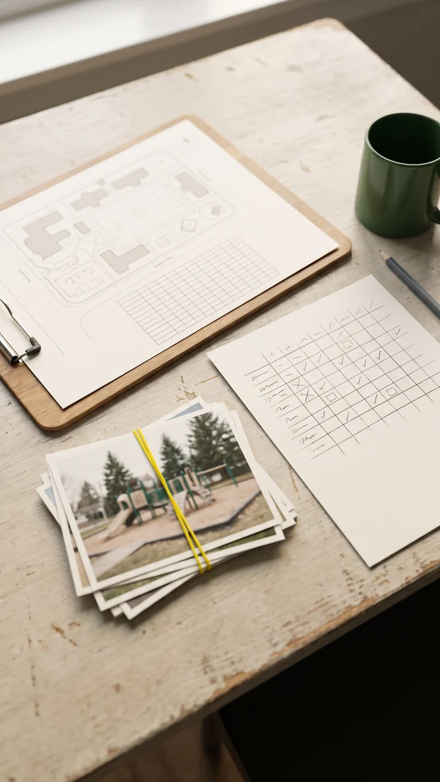 Clipboard with a campus plan, corner site photos and a recess schedule