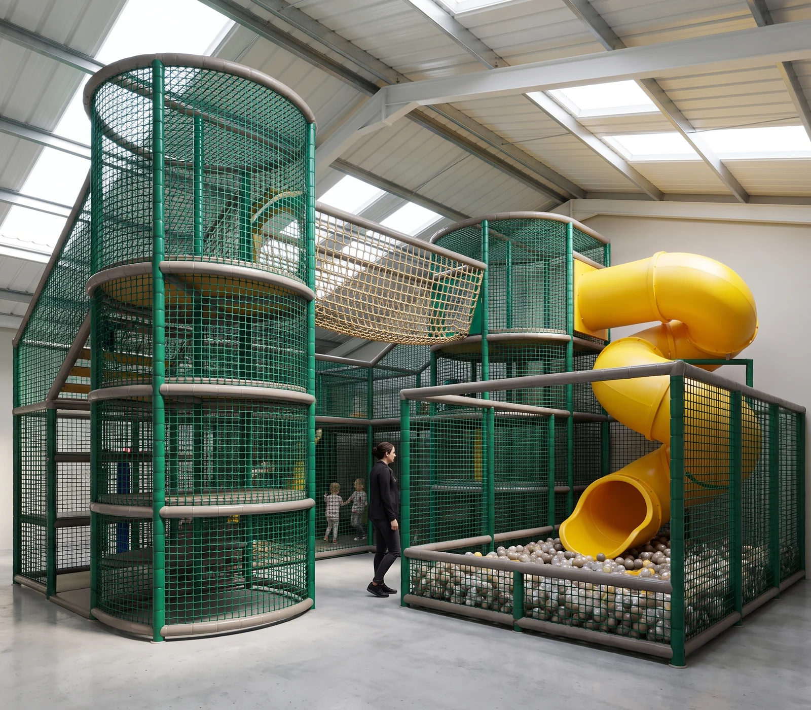 Three-level commercial soft play structure with evergreen netting, grey padding and a yellow tube slide under skylights