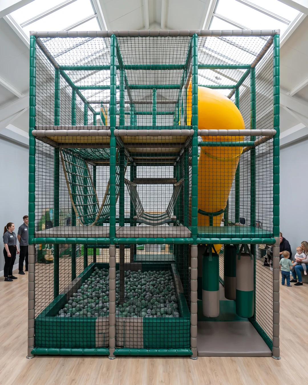 Front elevation of a three-level soft play structure