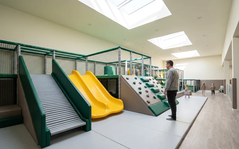 Lower deck zone for 2–5 year olds with a roller slide