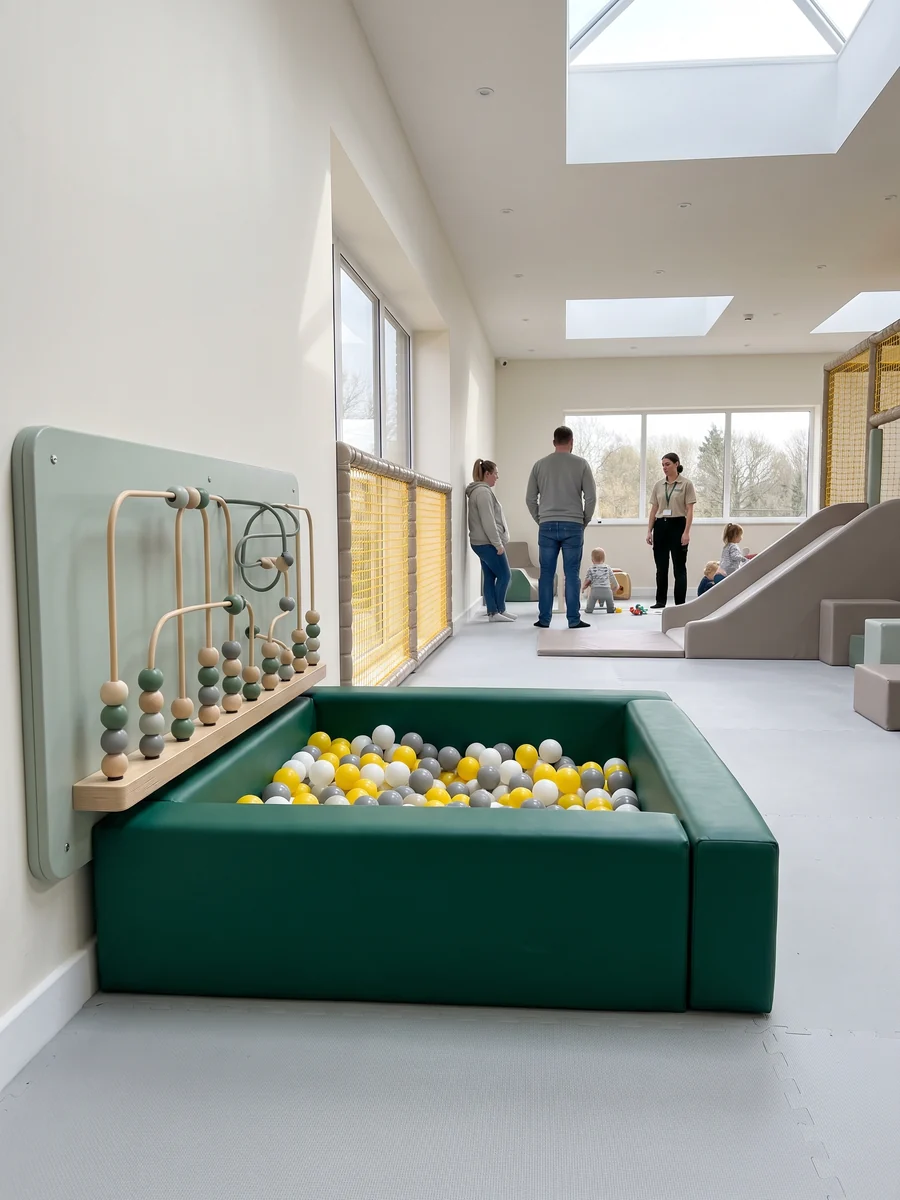 Toddler ball pit with a game panel at toddler height