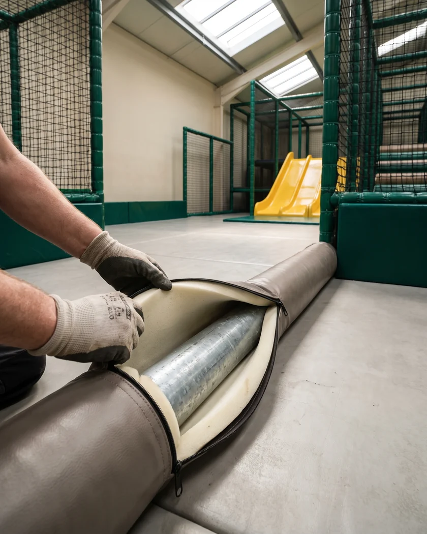 Venue staff unzipping a removable pipe cover to show the galvanized pipe