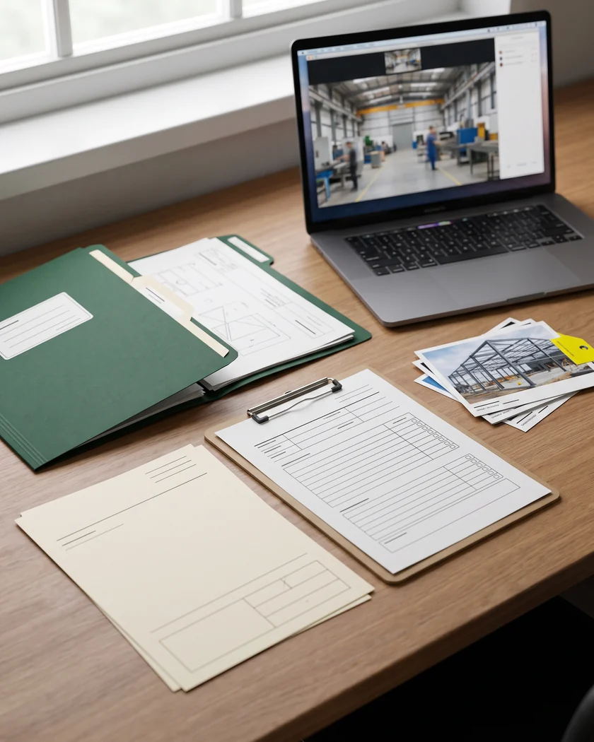 Project records for a soft play order laid out on a desk