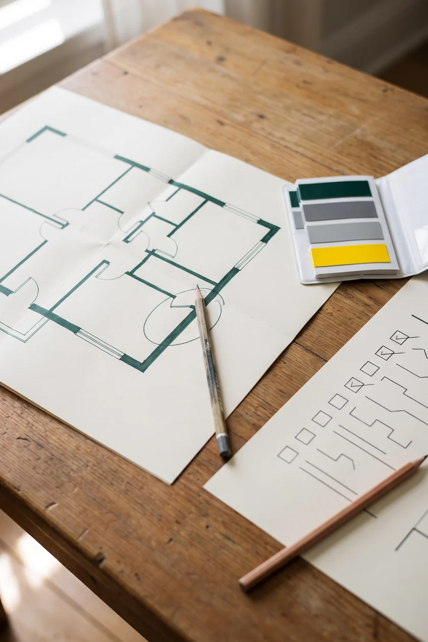 Floor plan, color chart and element list on a desk