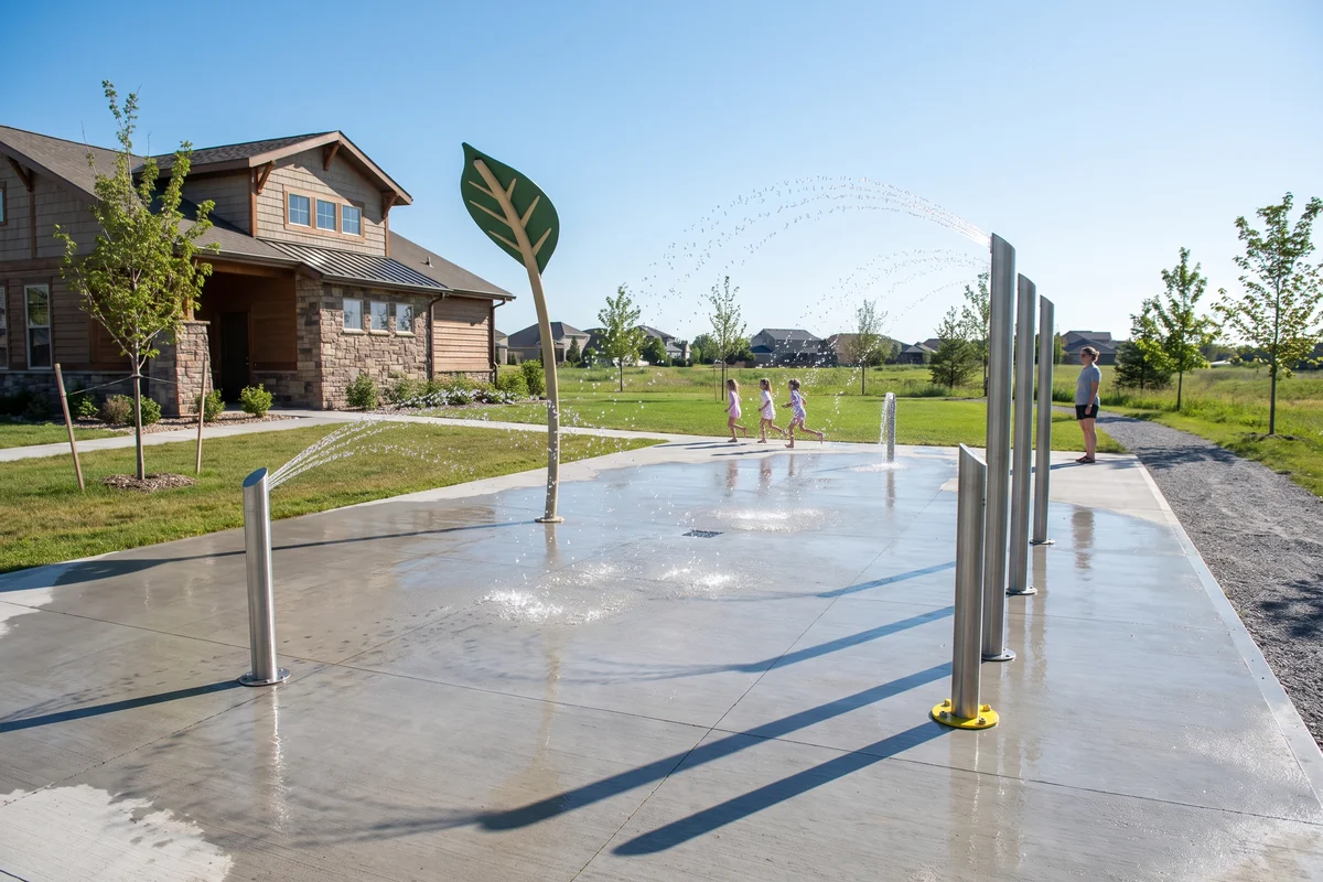 A compact community splash pad beside a clubhouse with ground sprays, three spray posts and a themed sprayer