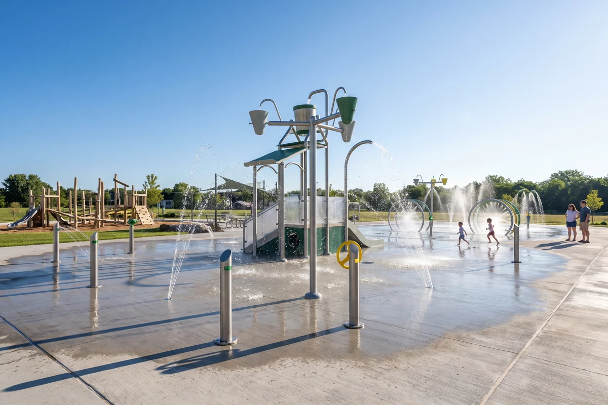 A large park splash pad with a field of ground sprays, spray posts and a water play structure, the dry playground beyond