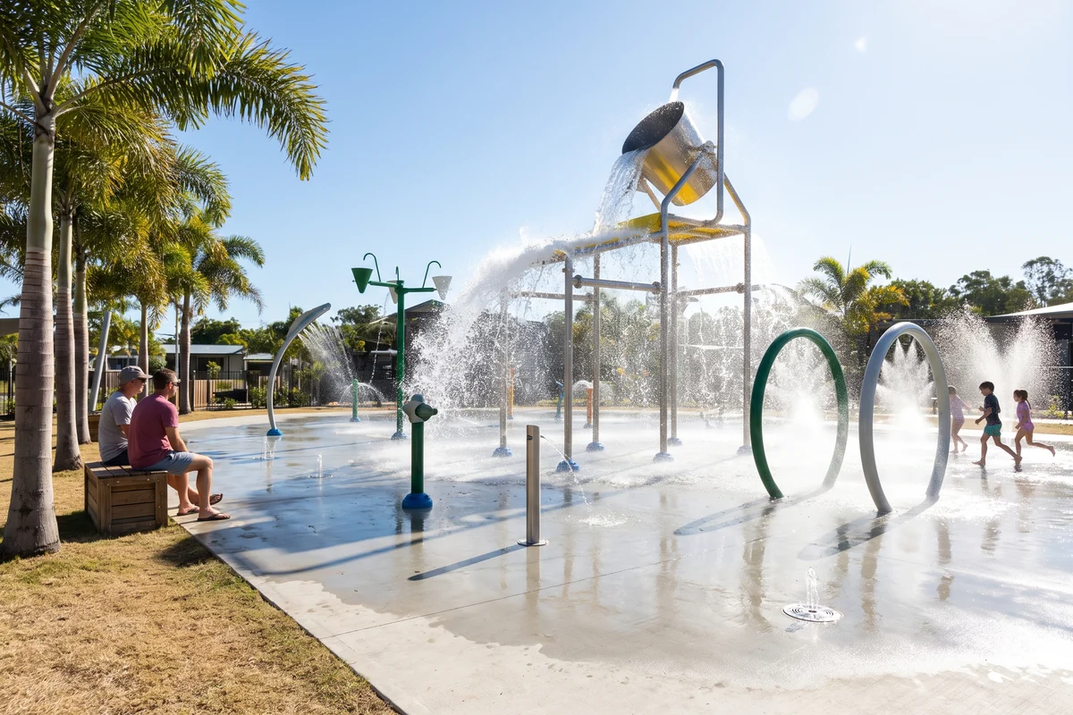 A resort splash pad with themed fiberglass sprayers and a water play structure whose tipping bucket stands at the most visible spot