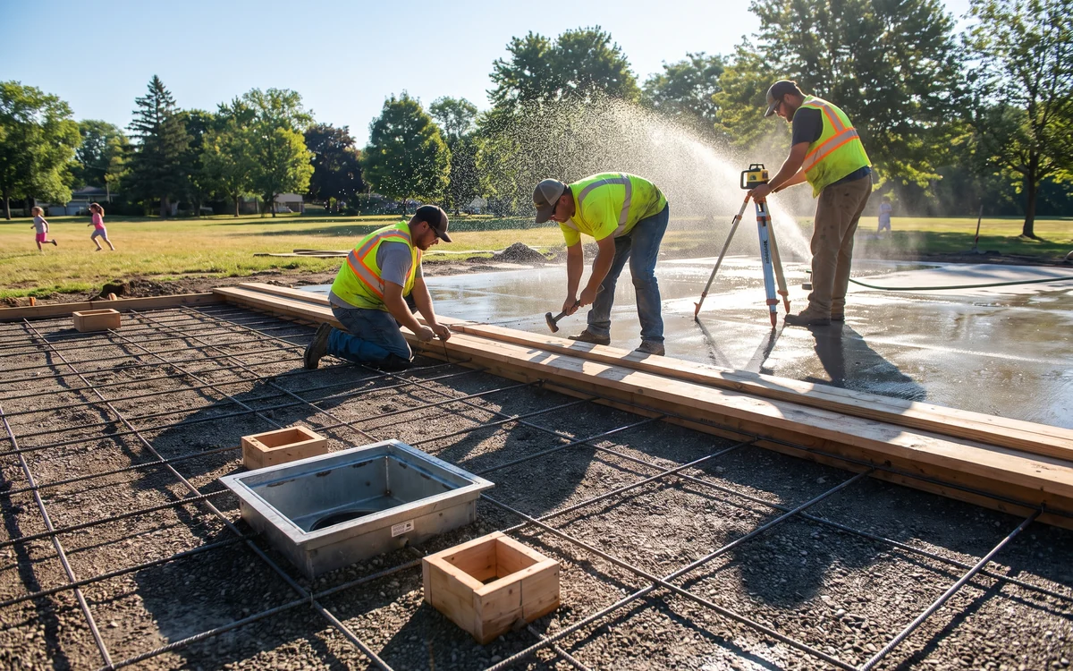 A local contractor crew setting formwork, rebar, the floor drain and flange box-outs for a splash pad deck before the pour