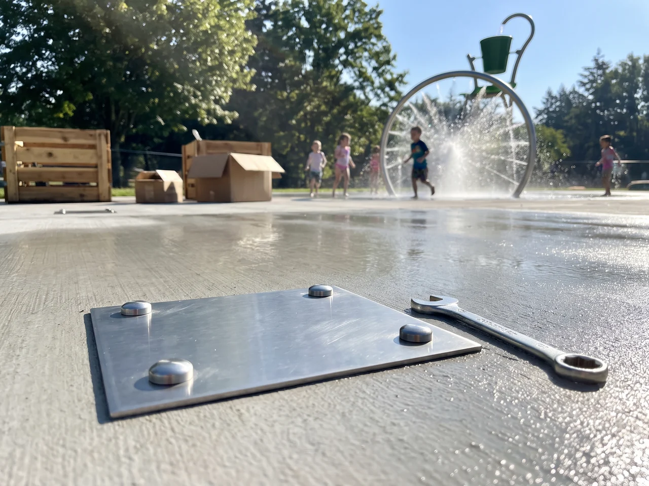 A stainless base plate set flush in a newly poured pad with four tamper-resistant bolt caps and a security-bit wrench beside it