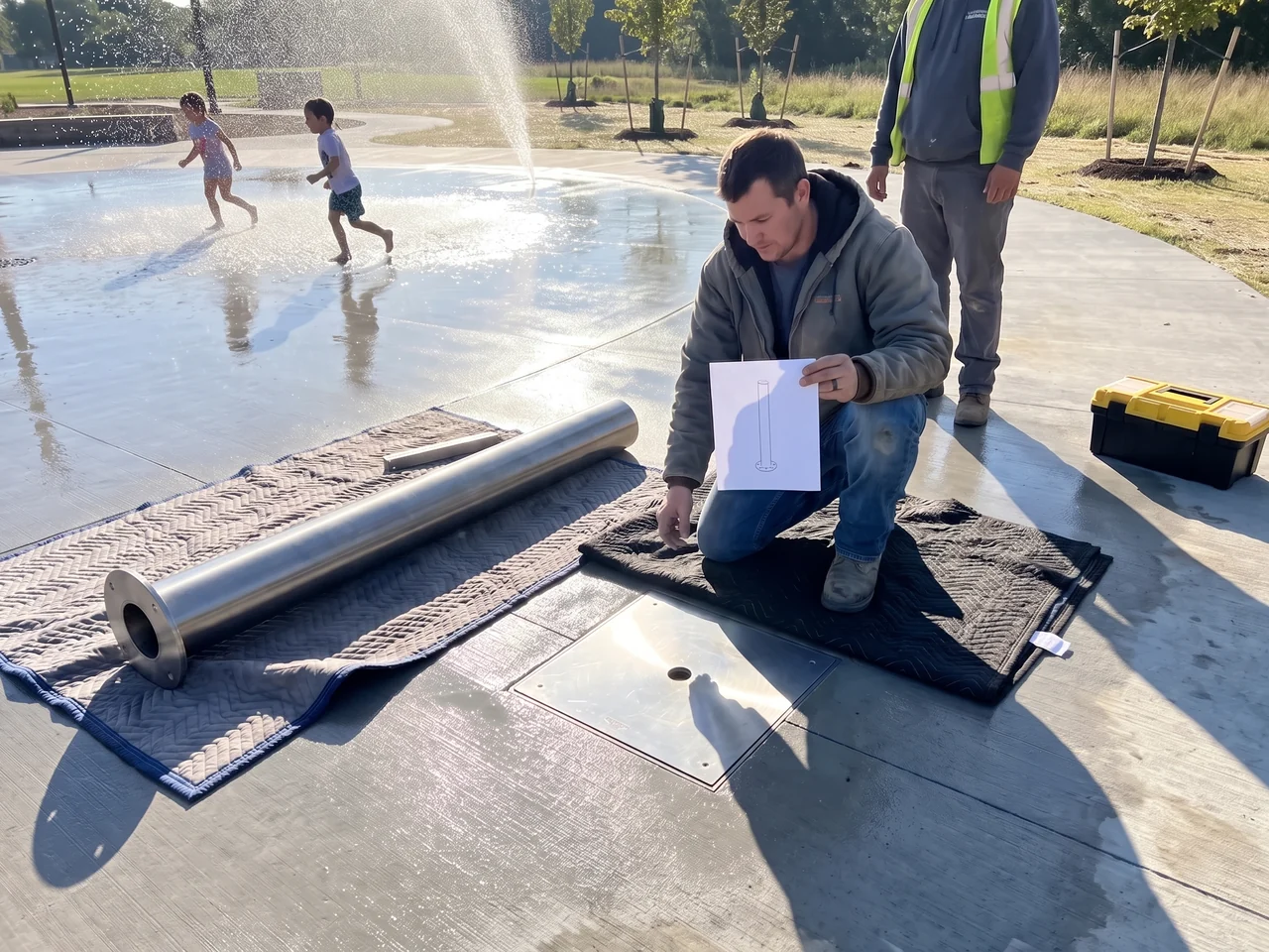 An installer on the new pad deck checking the feature data sheet beside a flush base plate, the stainless spray post waiting on blankets