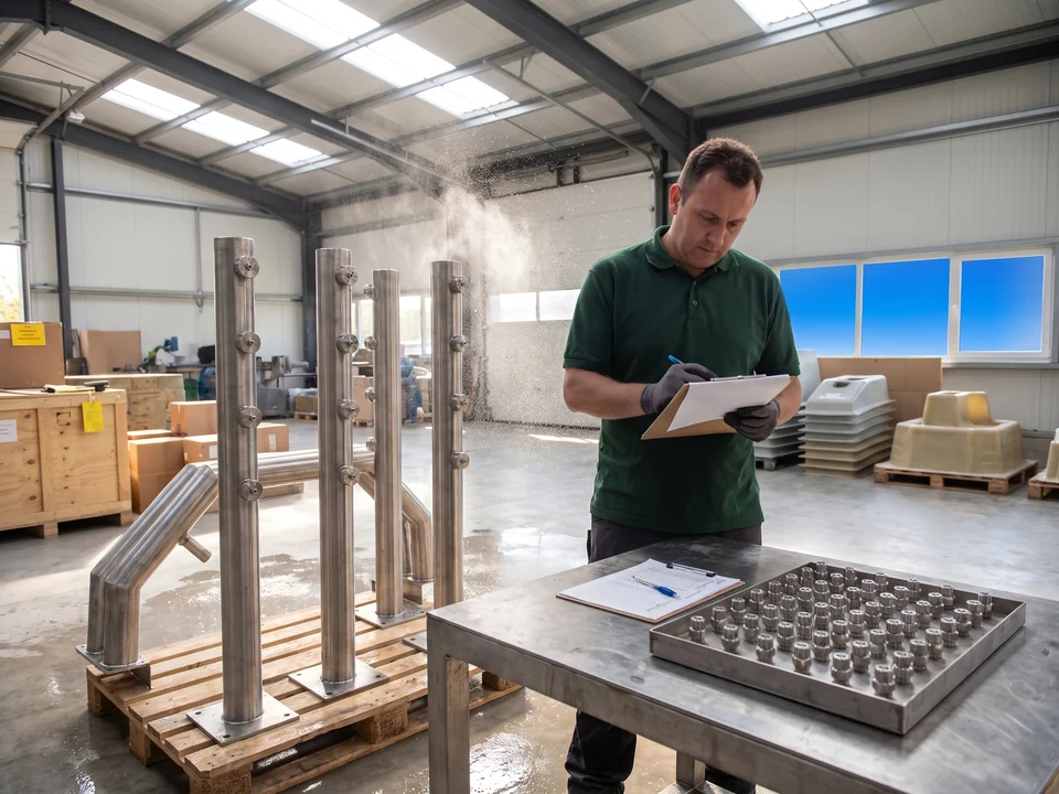 A QC inspector ticking a printed part list in front of a row of spray features and a tray of nozzles