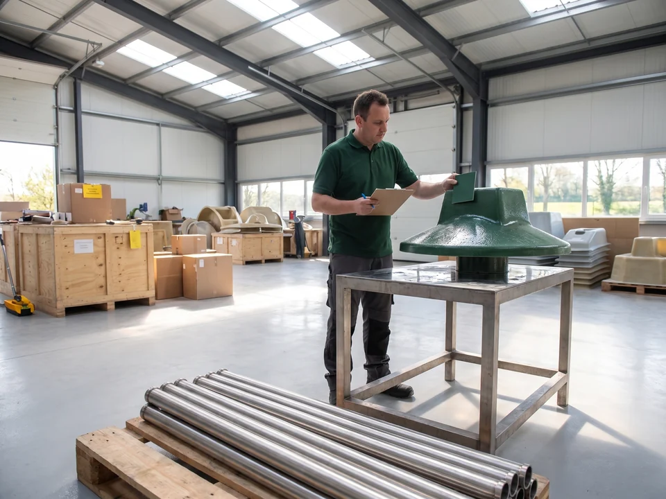 Incoming check at the partner factory: our QC inspector holds the approved fiberglass sample against a sprayer cap beside stainless post tubes