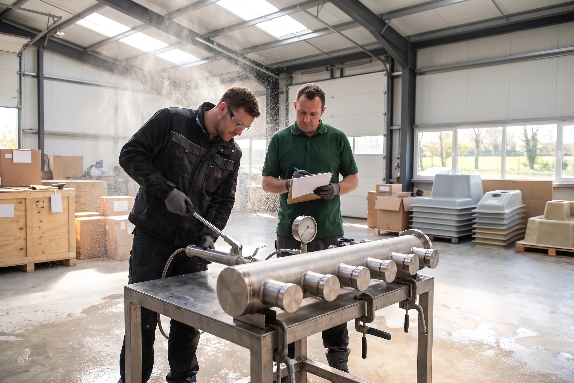 At the partner factory a technician runs a leak test on a stainless manifold with capped nozzle outlets while our QC inspector with a clipboard watches the joints
