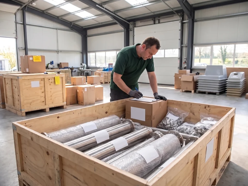Final packing check: our QC inspector ticks the packing list over an open crate of wrapped spray posts, a boxed bucket and bagged nozzles