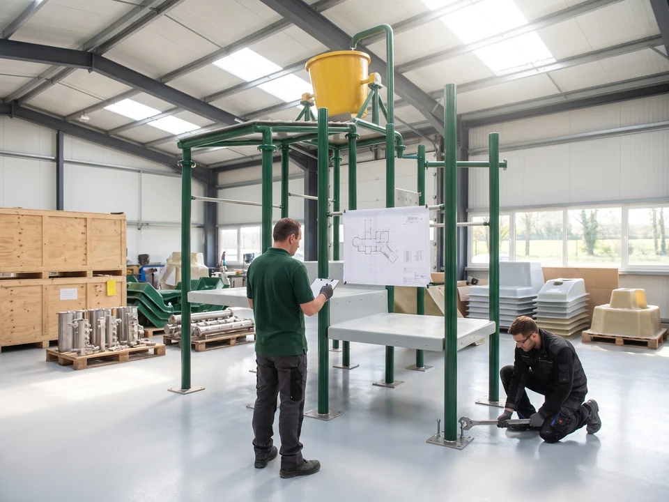 Trial assembly at the partner factory: the QC inspector checks a standing water play structure against the installation drawing while a worker checks a base plate