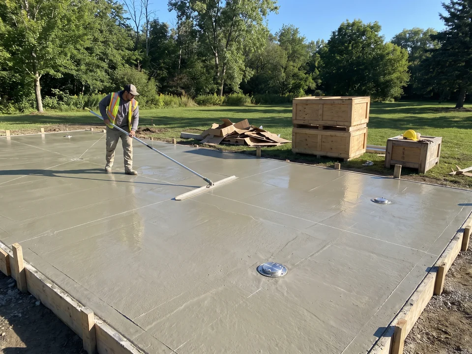 A contractor floating a freshly poured splash pad deck, fall lines marked in chalk